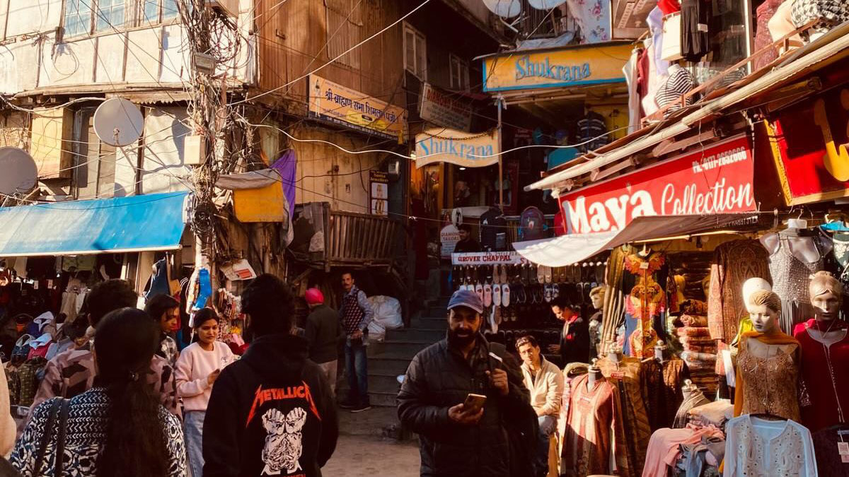 Shimla street view with people milling around