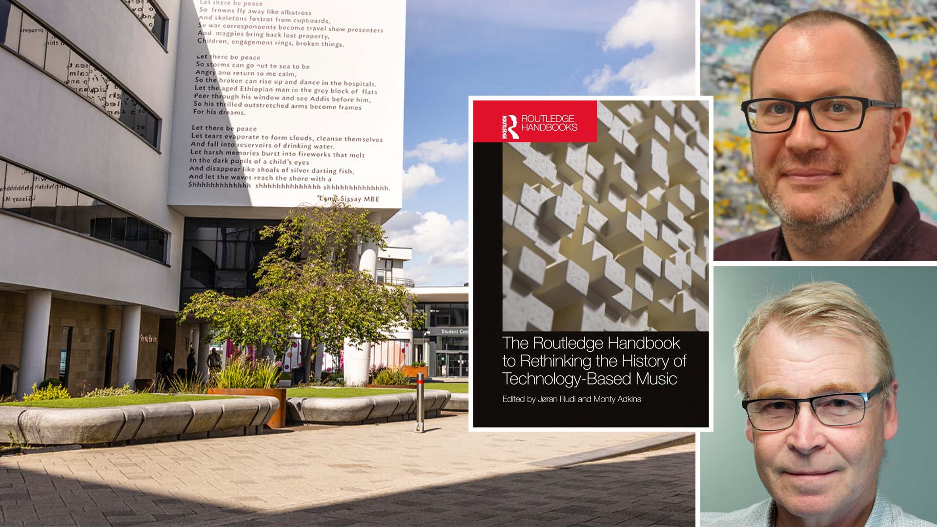 Joran Rudi and Monty Adkins overlaid on a photo of the university of Huiddersfield campus with their book cover also included.