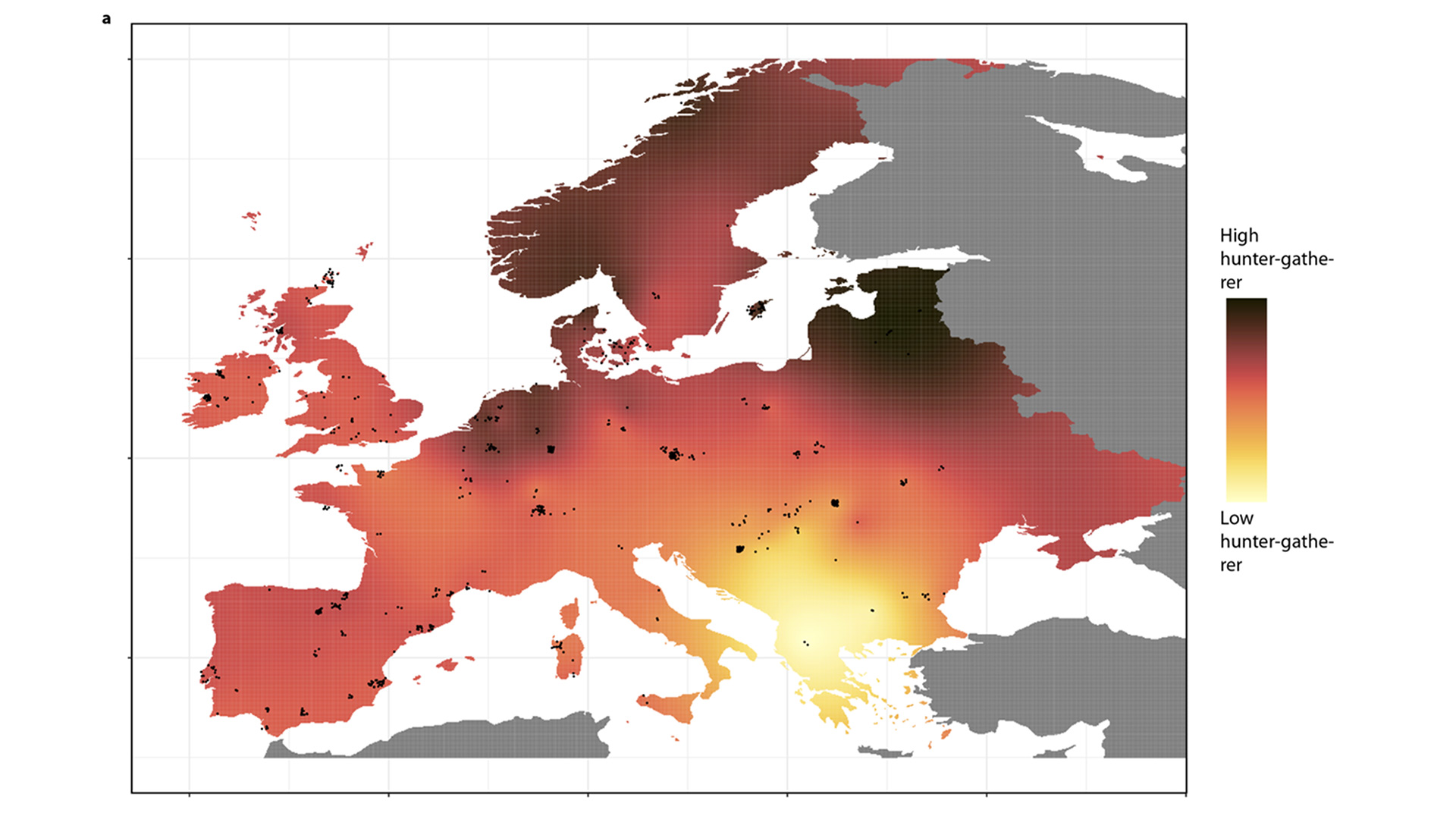 a heat map of Europe showing the location of hunter-gatherers