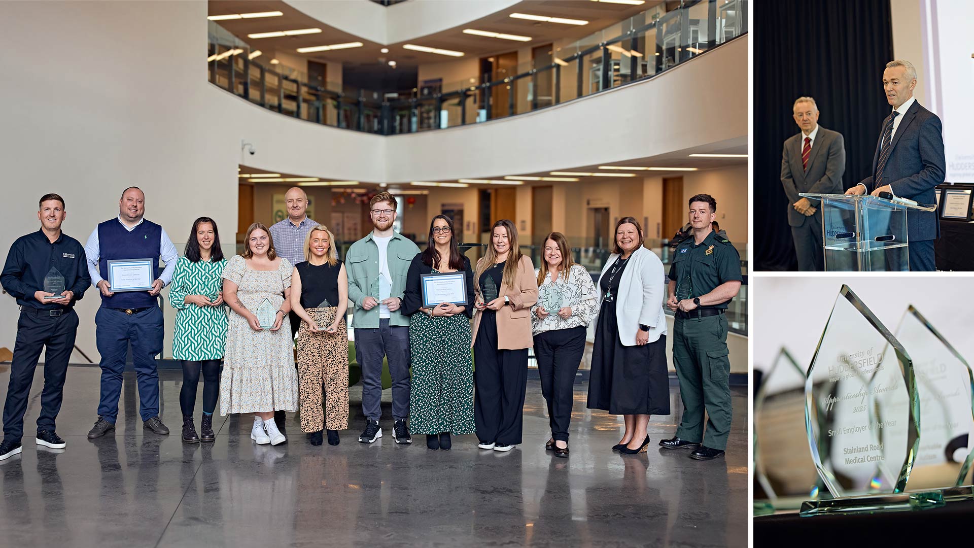 A series of photographs of people at an awards ceremony for apprentices