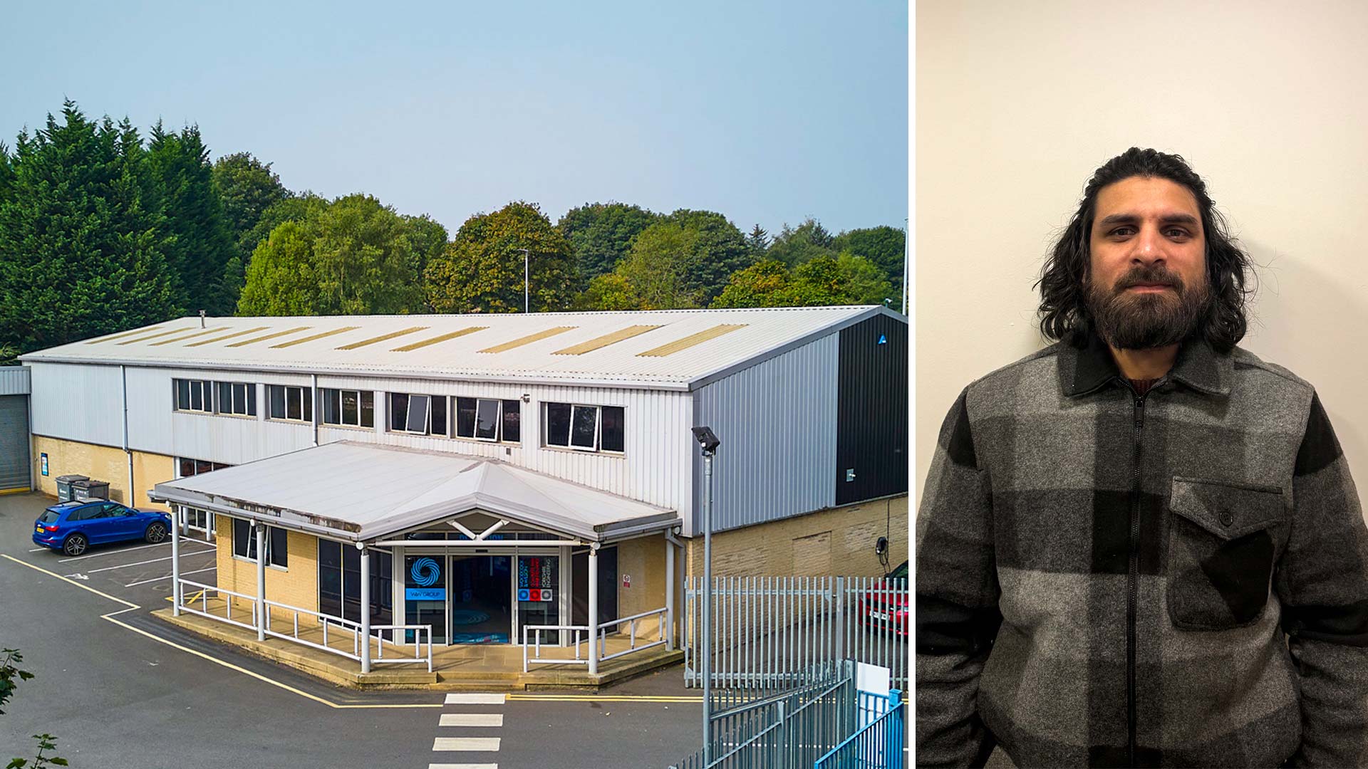 An industrial building with a headshot of a man as inset