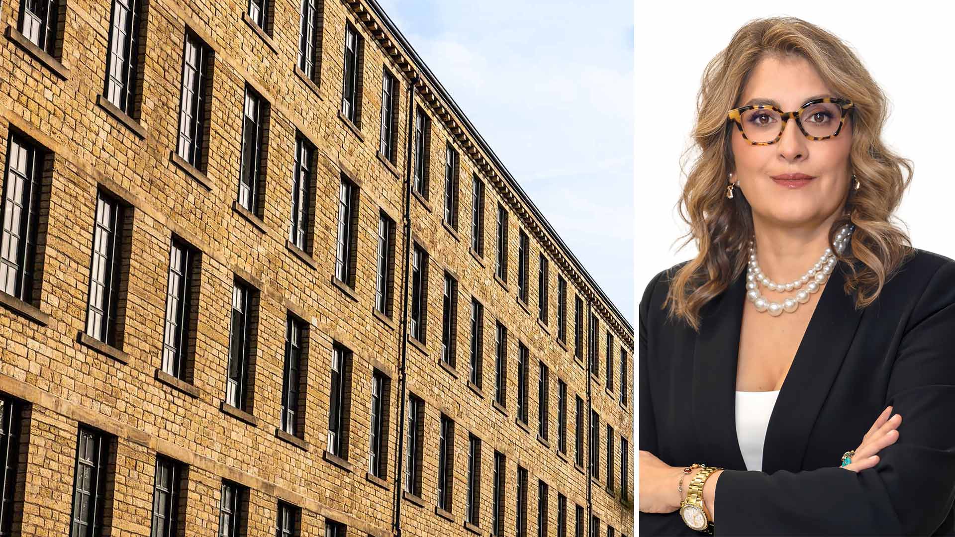 Professor Konstantina Lambrinou and a general view of a building at the University of Huddersfield