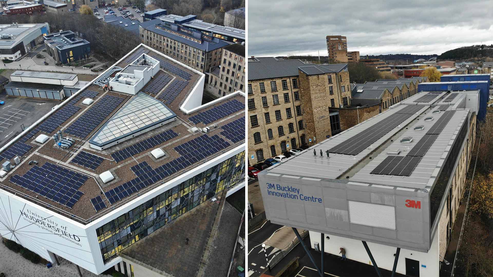 Drone images of two University buildings with solar panels installed on the roof