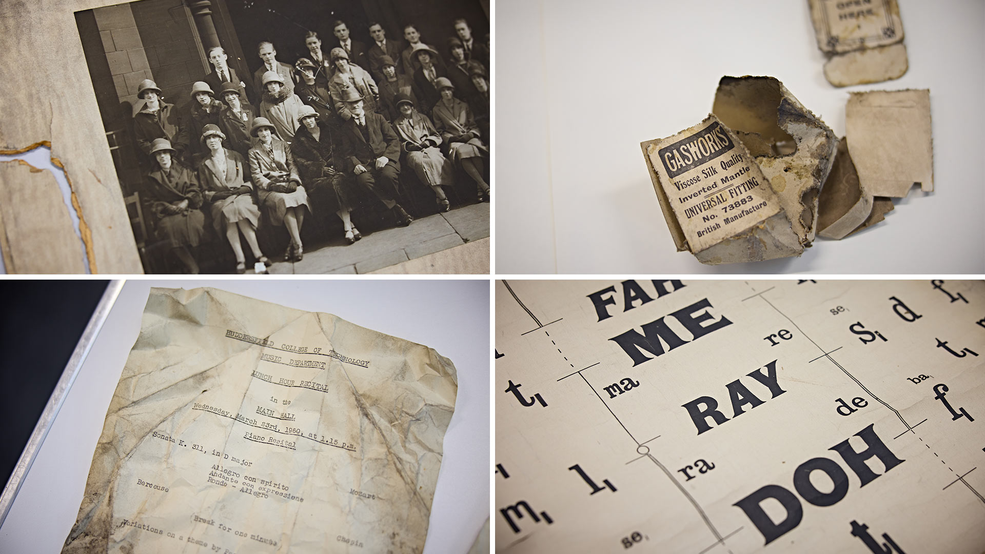 Collage of historical archive items, including a group photograph, damaged garment labels, a 1960 concert programme and typography artwork, displayed as preserved heritage artefacts.