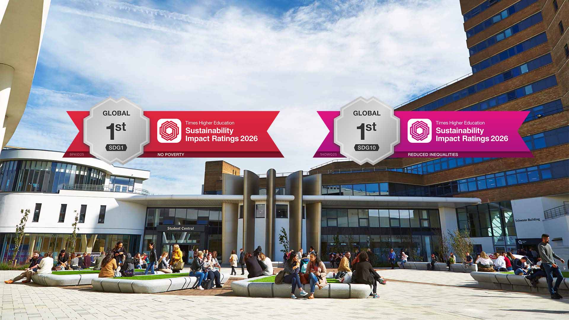University of Huddersfield campus with two medal logos superimposed.