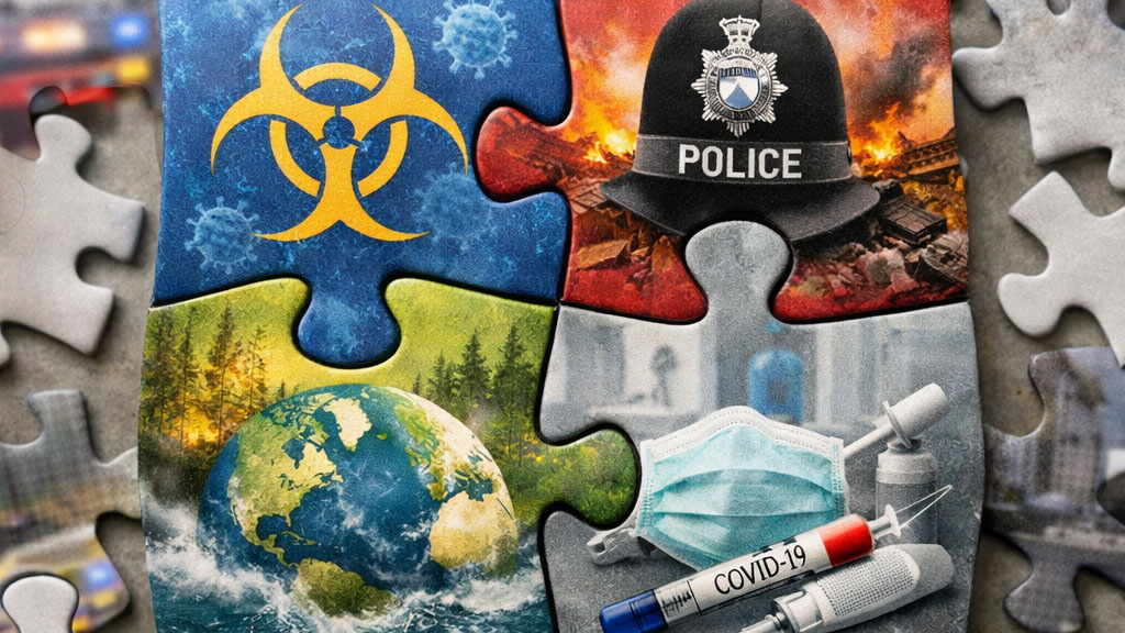 An AI-generated graphic representing the police, covid and disasters