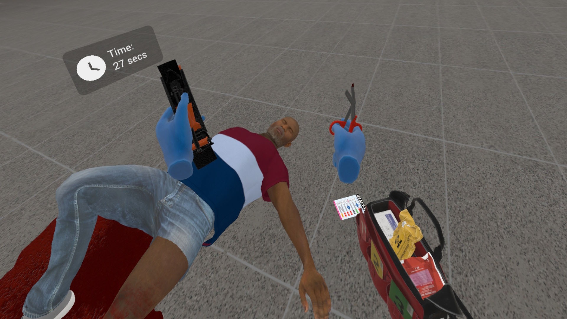 A VR simulation of a victim of an attack being treated by a paramedic
