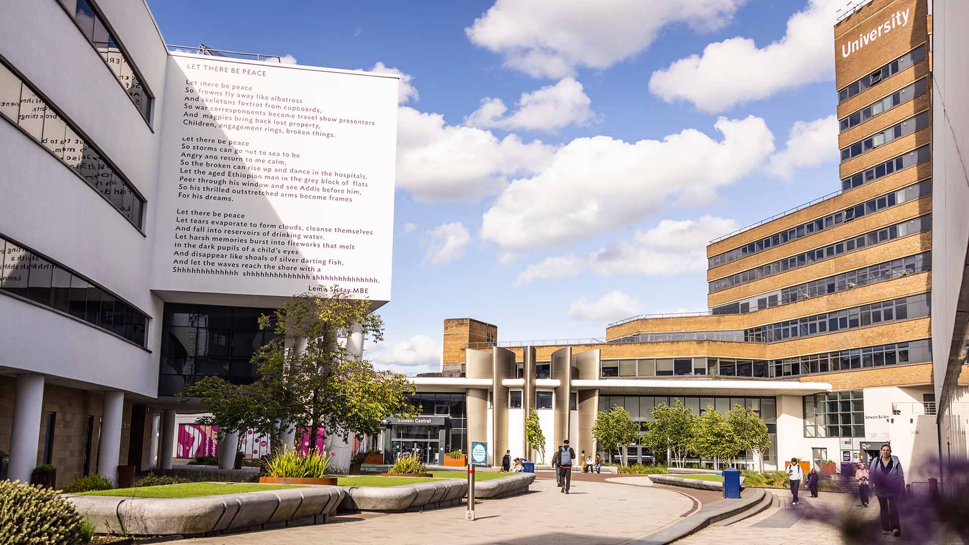 University of Huddersfield campus plaza in sunshine