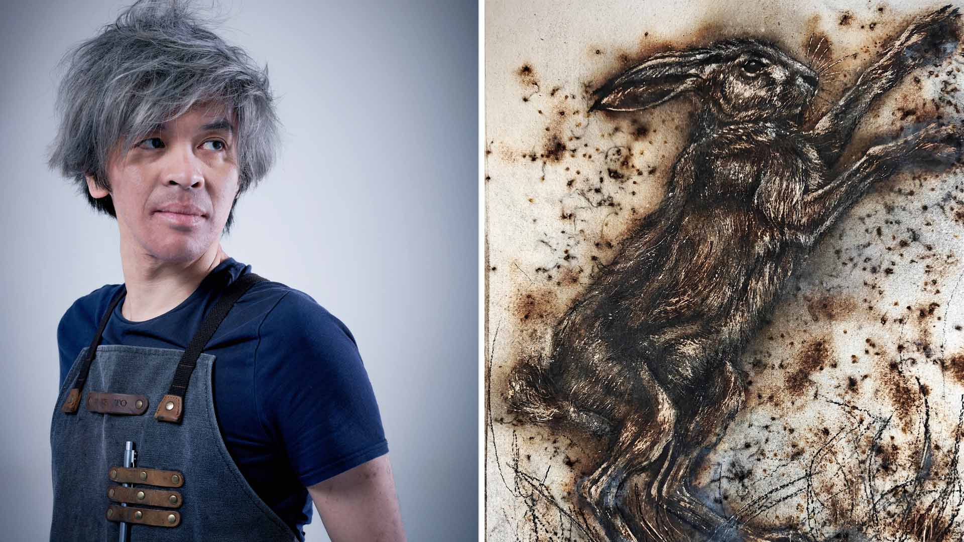 FRank To and his artwork Young Blood, a rabbit painted using gunpowder paint powder