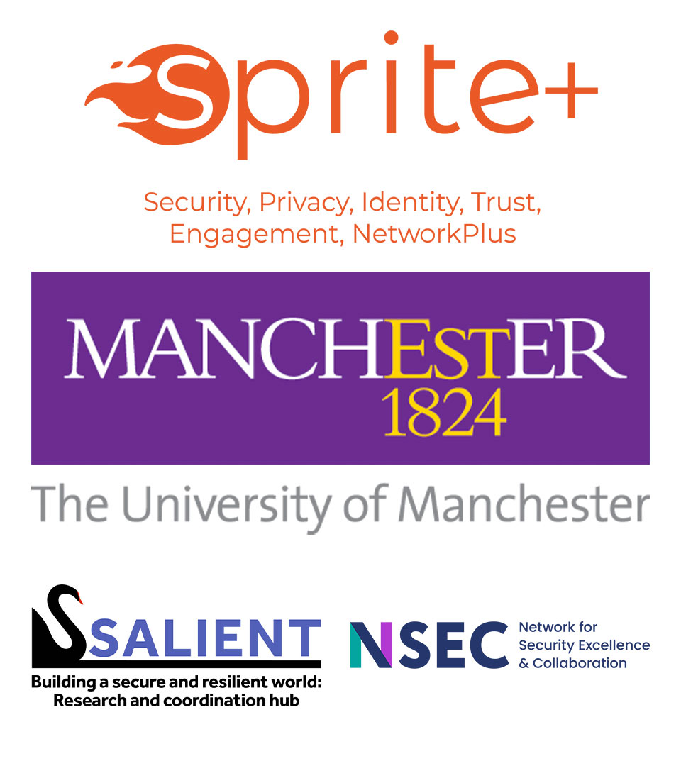 Four logos on a white background, comprising SPRITE+. The University of Manchester, SALIENT and NSEC.