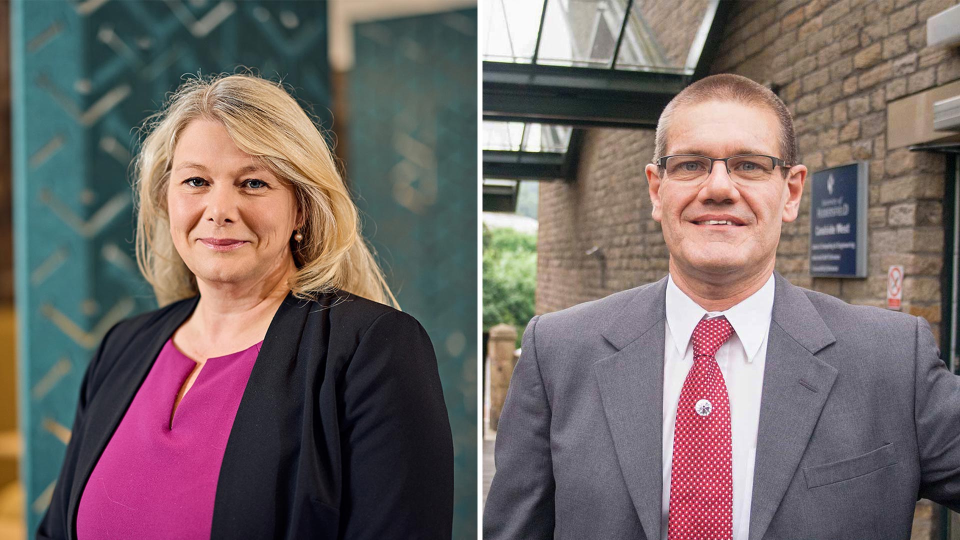 Two headshot portraits side by side, showing individuals in business attire, one indoors against patterned background, one outdoors near brick building entrance.