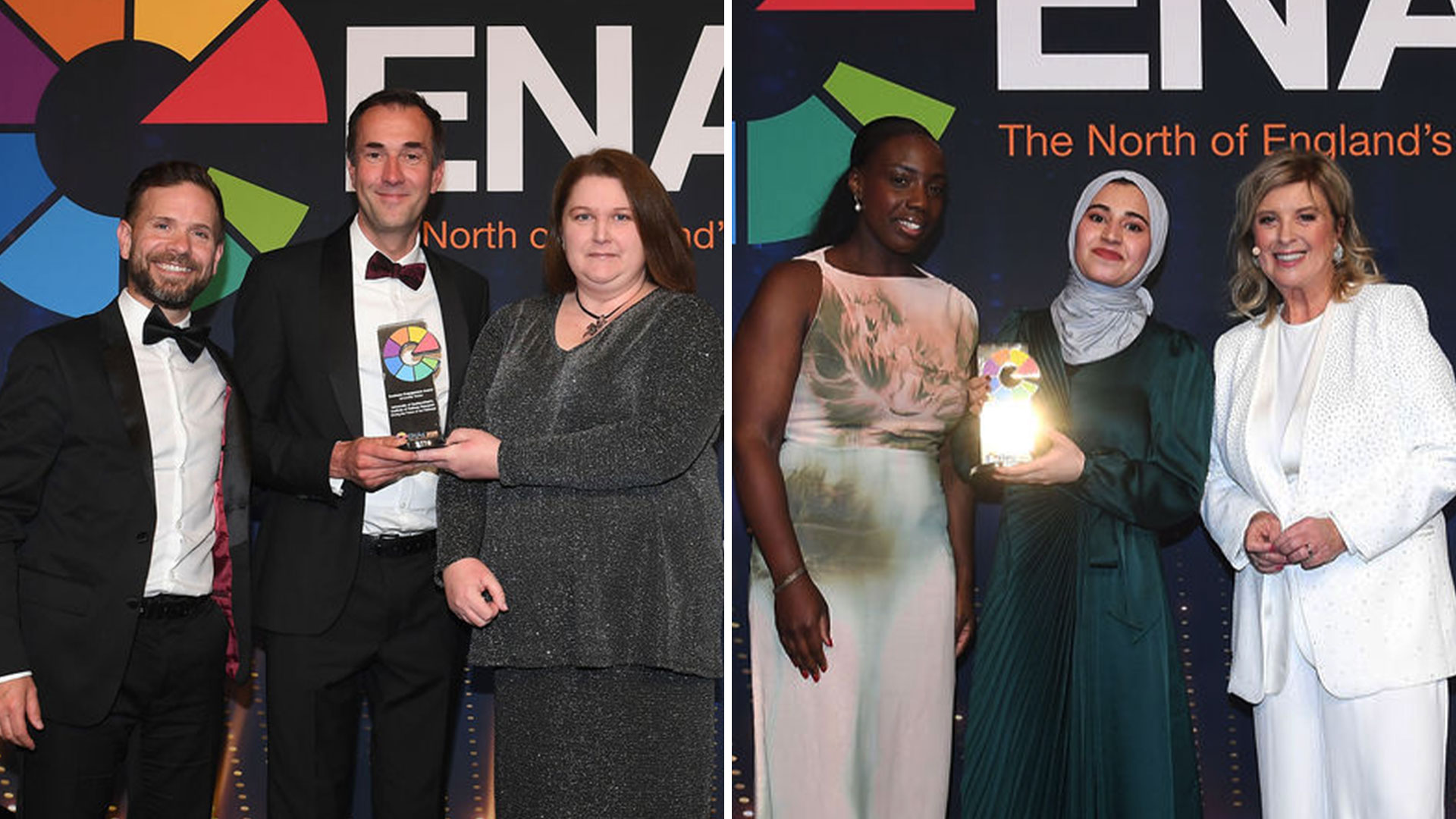 A collage of two photos showing three people each in formalwear pose at the ENAs 2026, holding glass award trophies standing on stage