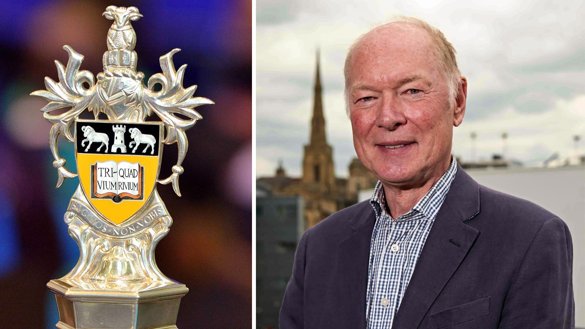 University of Huddersfield ceremonial mace next to a portrait of Jonathan Thornton.