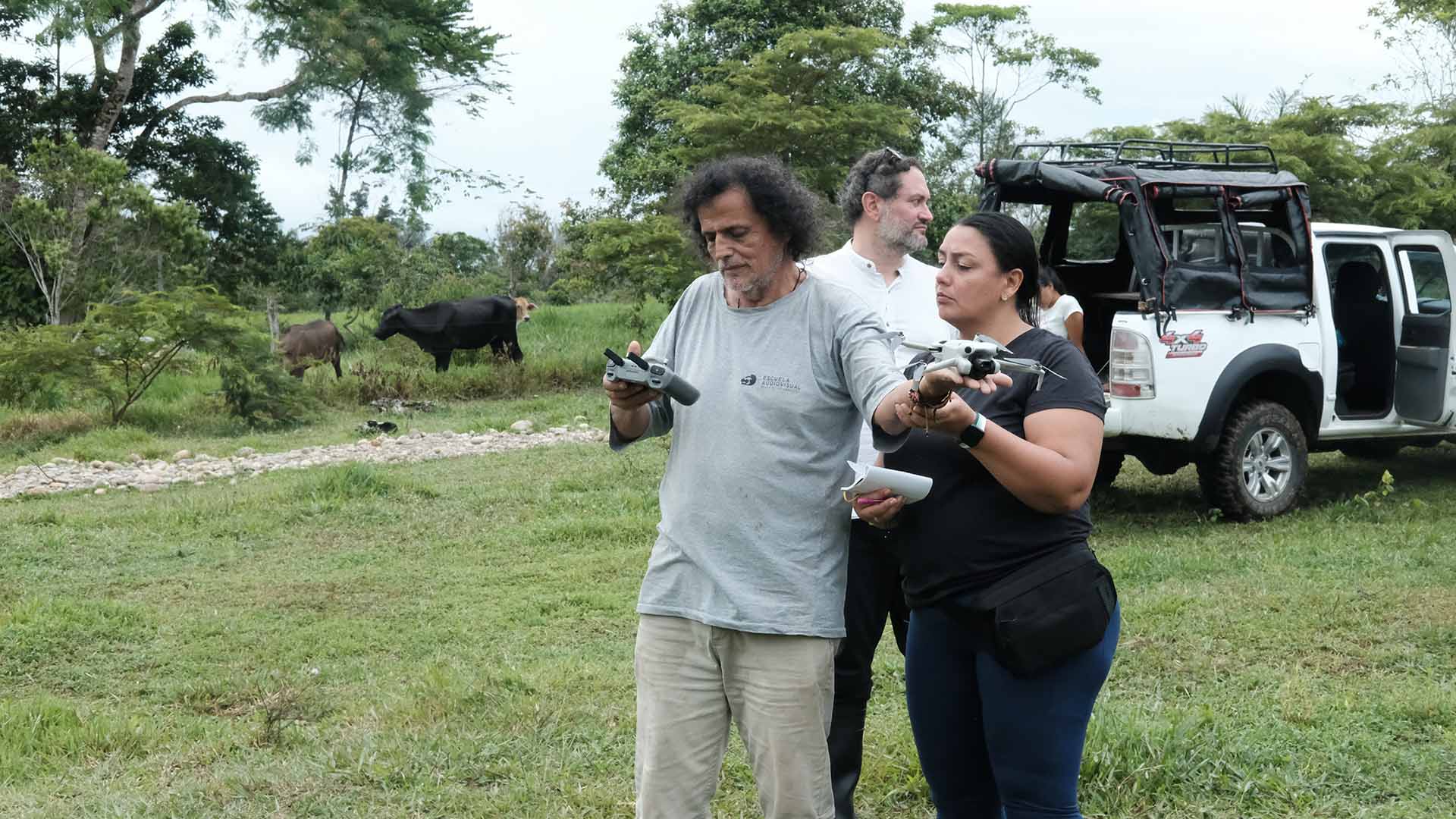 Researchers with a drone in Colombia