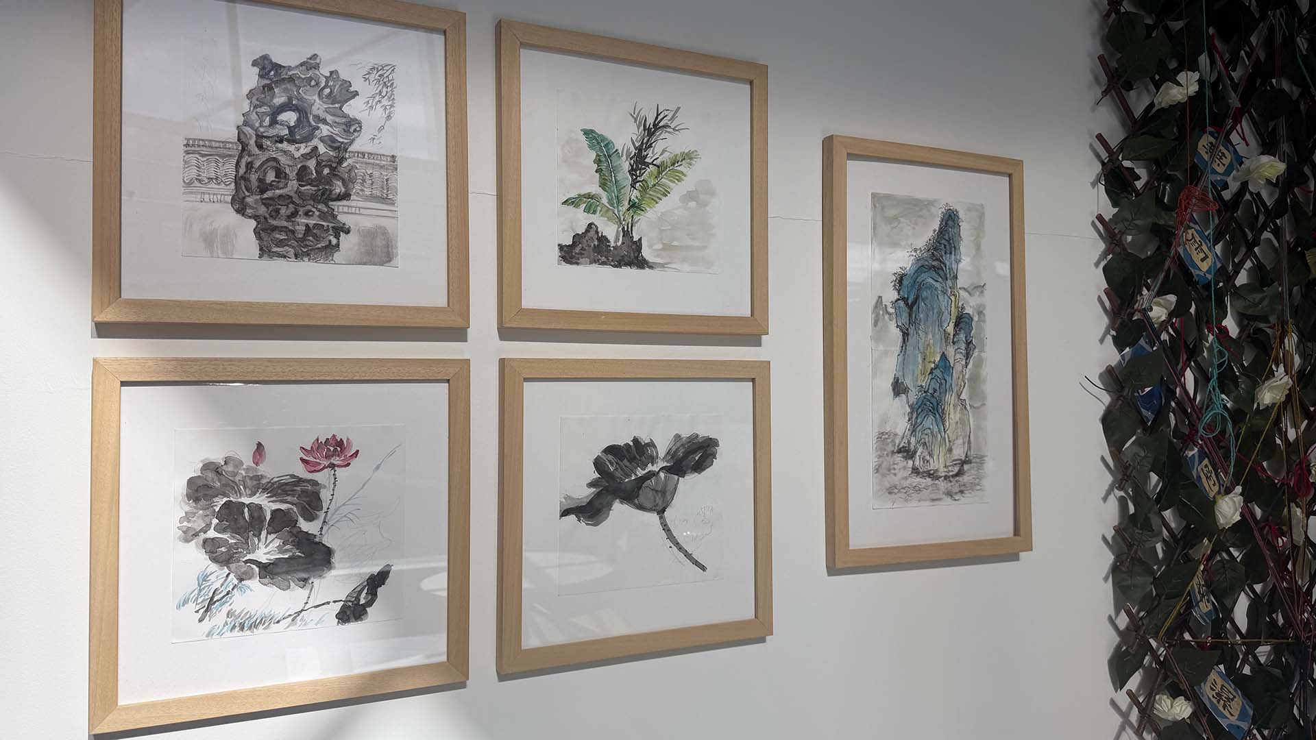 Drawings by Yun Gao hang on a wall