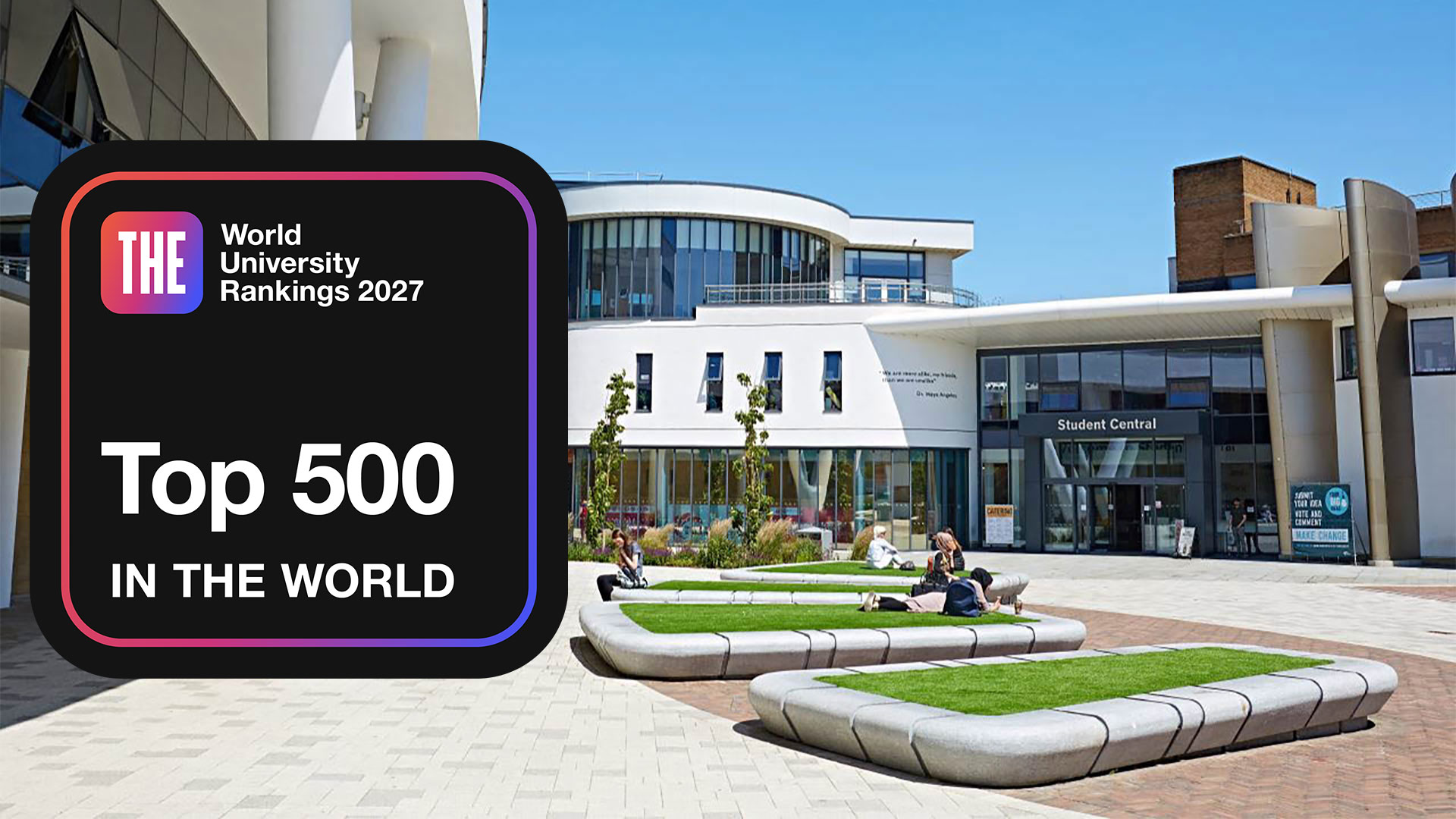 University of Huddersfield campus building featuring a Times Higher Education World University Rankings 2027 Top 500 in the World badge.