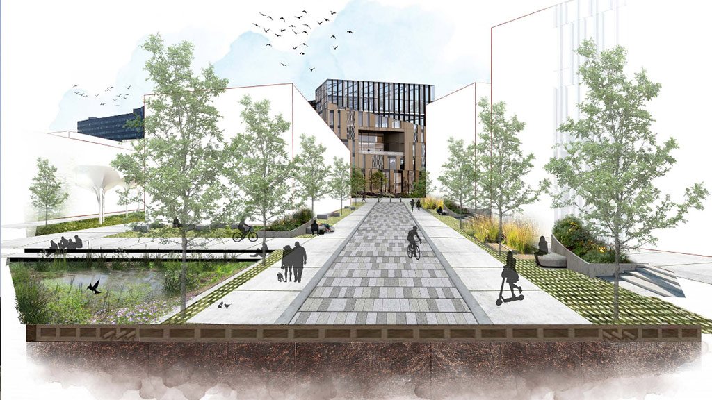 Artist impression of the external green space of the National Health Innovation Campus