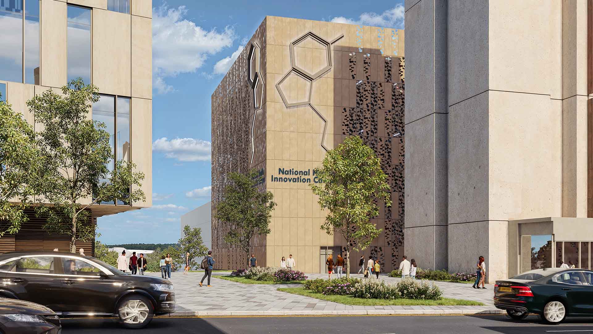 Artist impression of the NHIC building and people walking outside