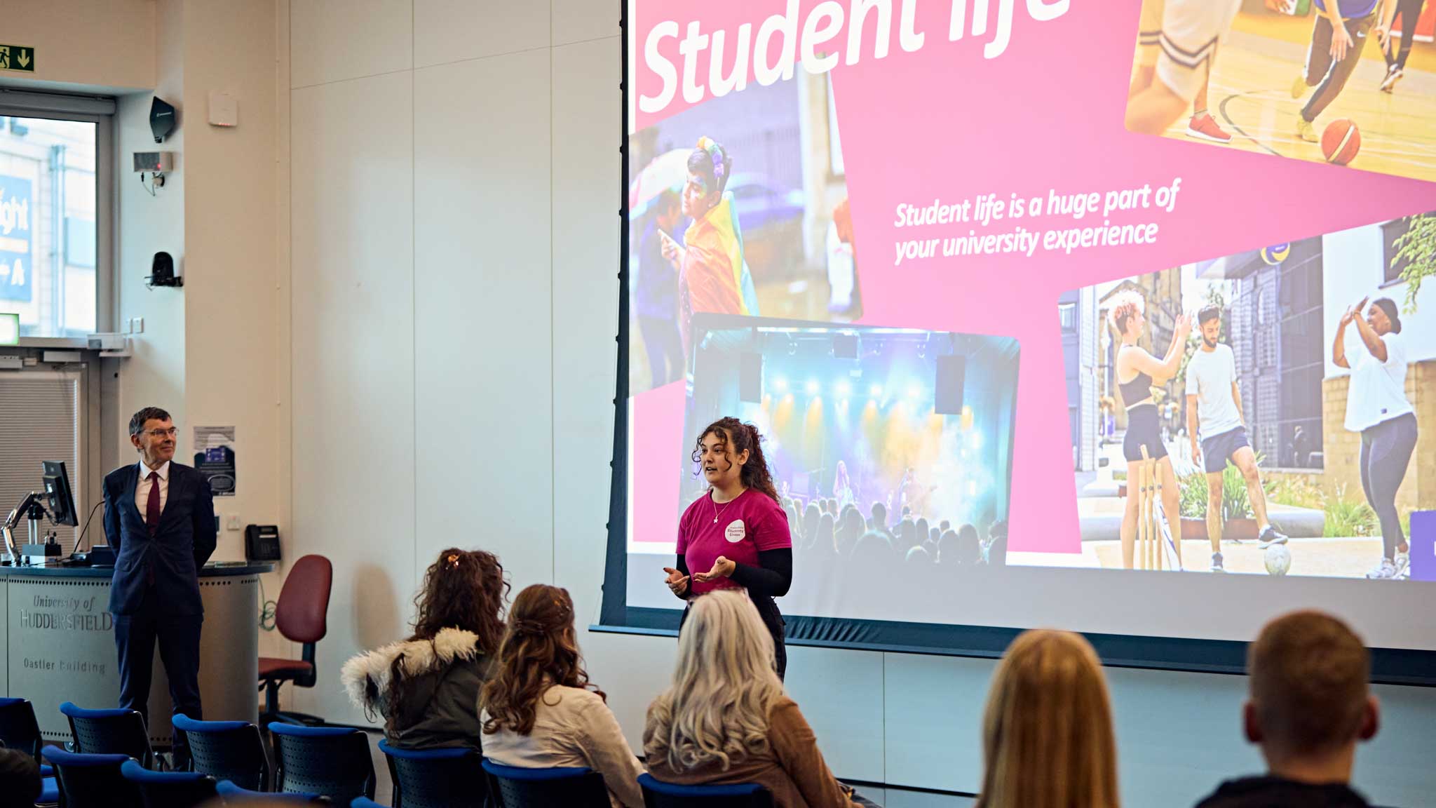 The president of Huddersfields student union giving a talk to prospective students