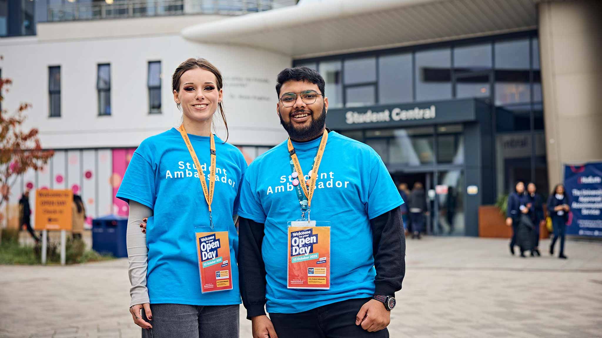 Two of our student ambassadors outside our student central building