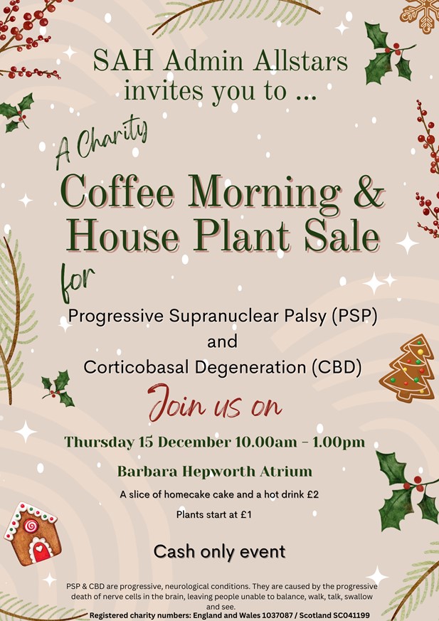 A poster advertising the coffee morning and plant sale, which includes the date, time and venue, price of a cake and hot drink (£2) and plant prices (starting from £1).