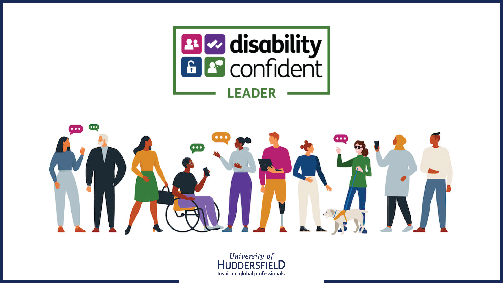 The logo for the Disability Confident Leader accreditation with cartoon images of people and the University logo beneath.