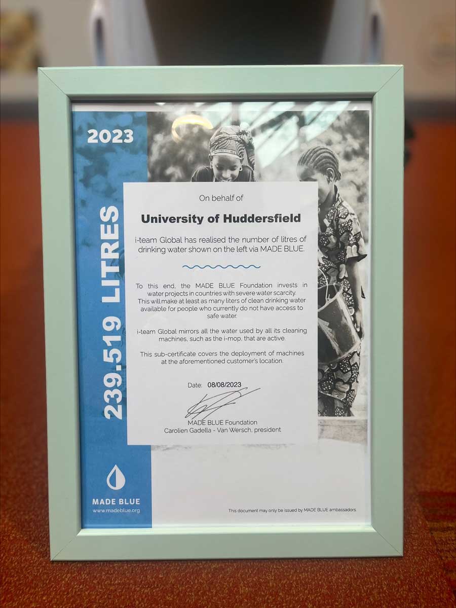 a certificate for the cleaning team about wasting less water
