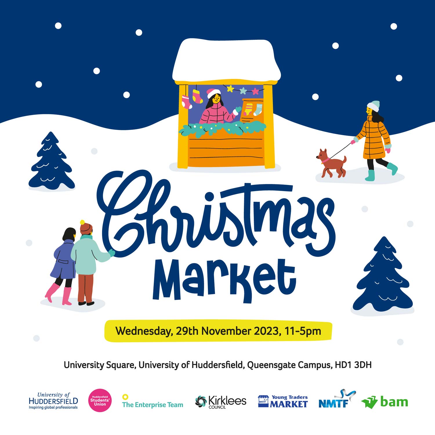 A graphic of the Christmas Market, with a stall and a dog walker on 29 November