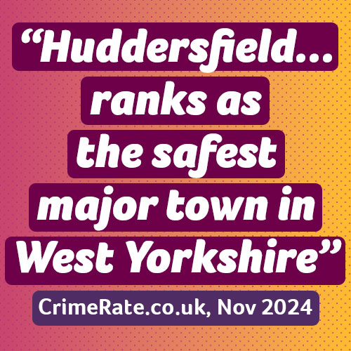 Banner with the words Huddersfield ranks as the safest major town in West Yorkshire.