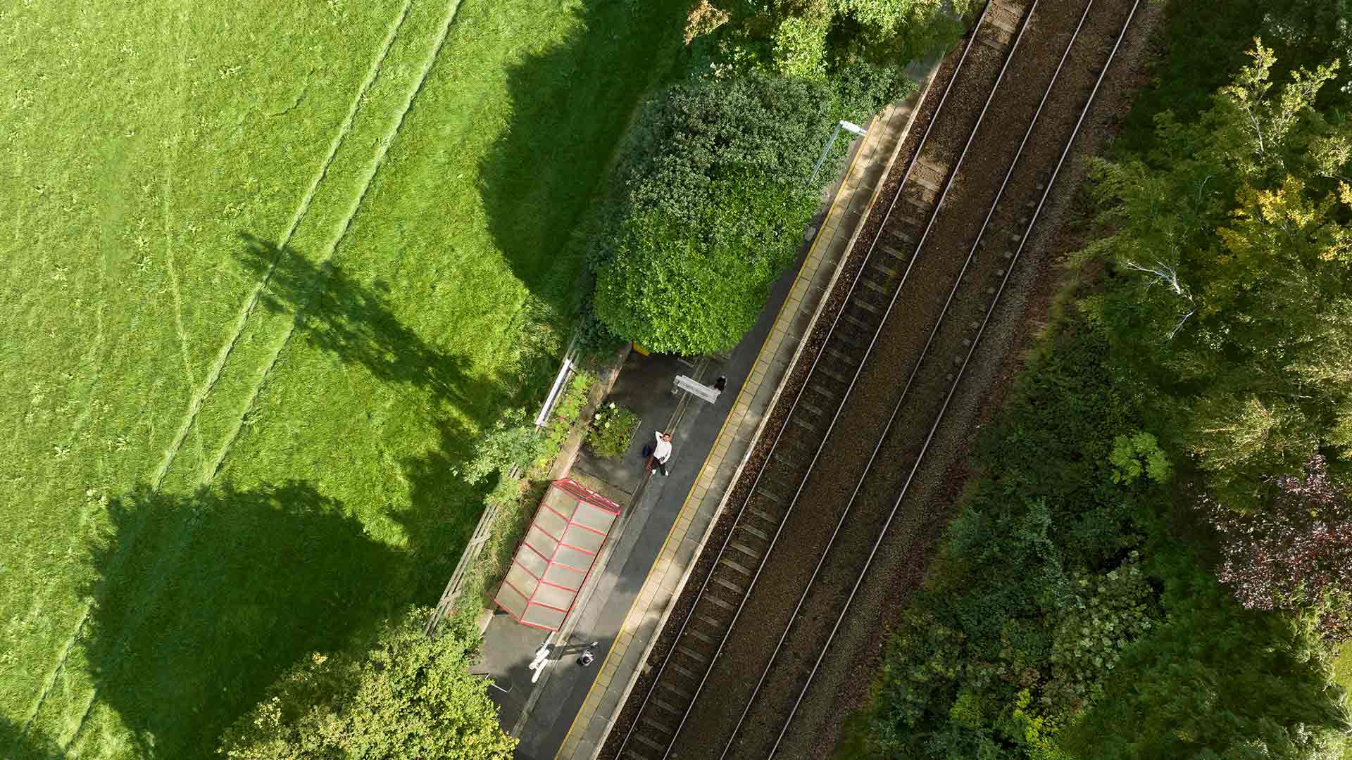 Birds eye view of a student laying on a bench on a train platform, surround by greenery.