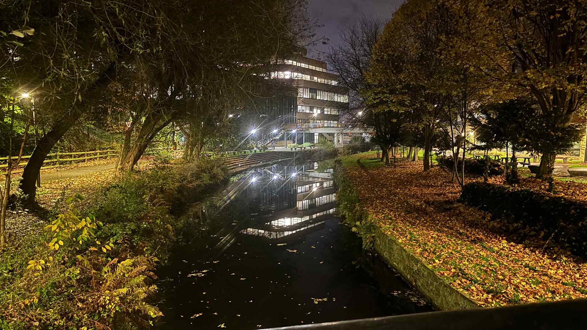 The campus canal at night time.
