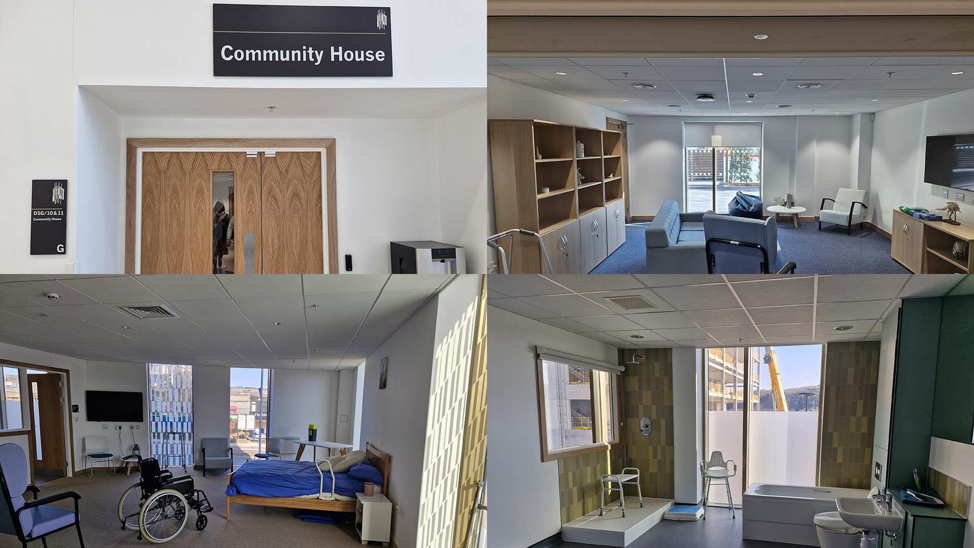 Four images of the Community House facility in the Daphne Steele building: The entrance, a living room, a bedroom and a bathroom.