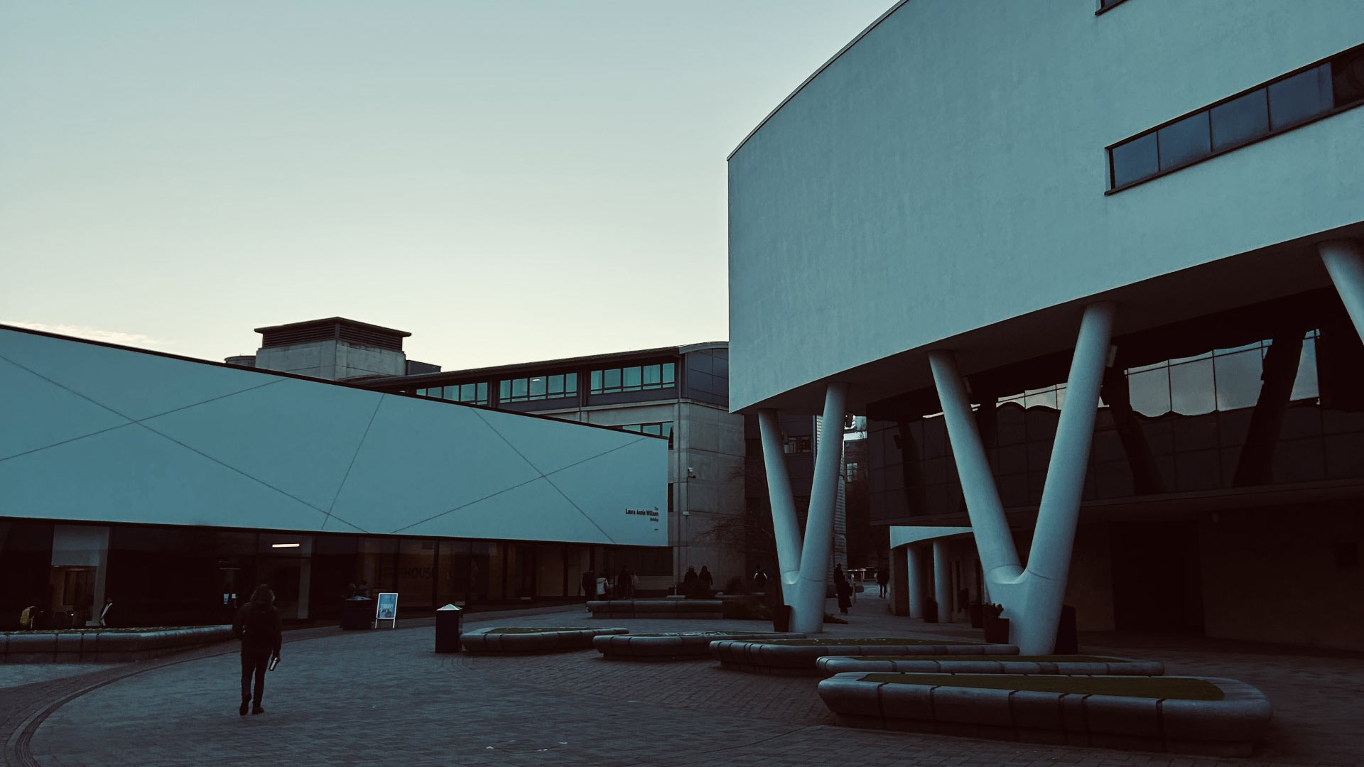 The main campus square, with the Laura Annie Wilson and Richard Steinitz buildings on either side.