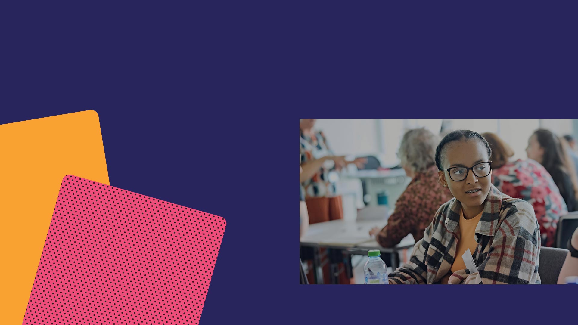 A colourful web page header, with a photo of student Acacia.