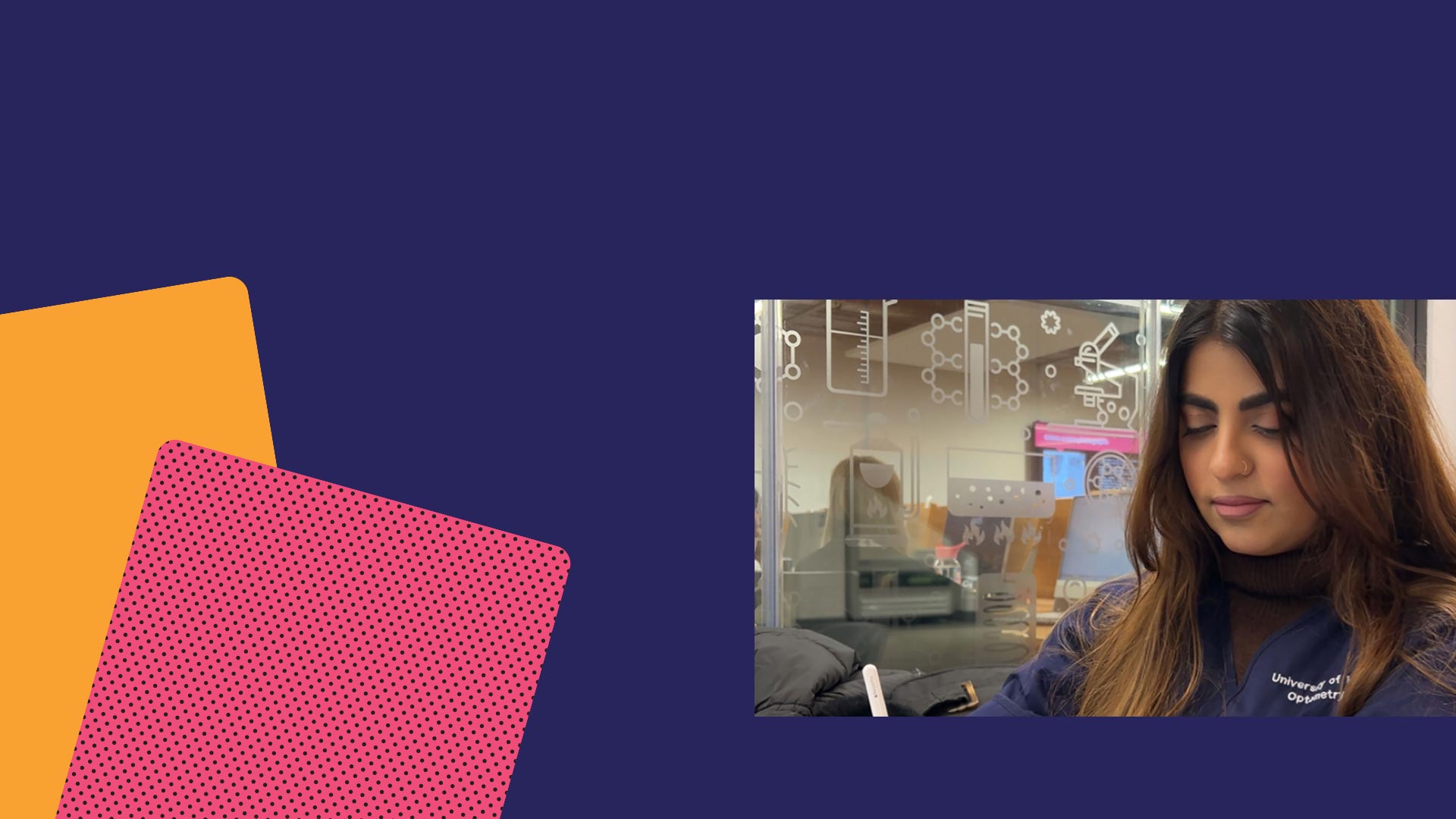 A colourful web page header, with a photo of student Ayesha.