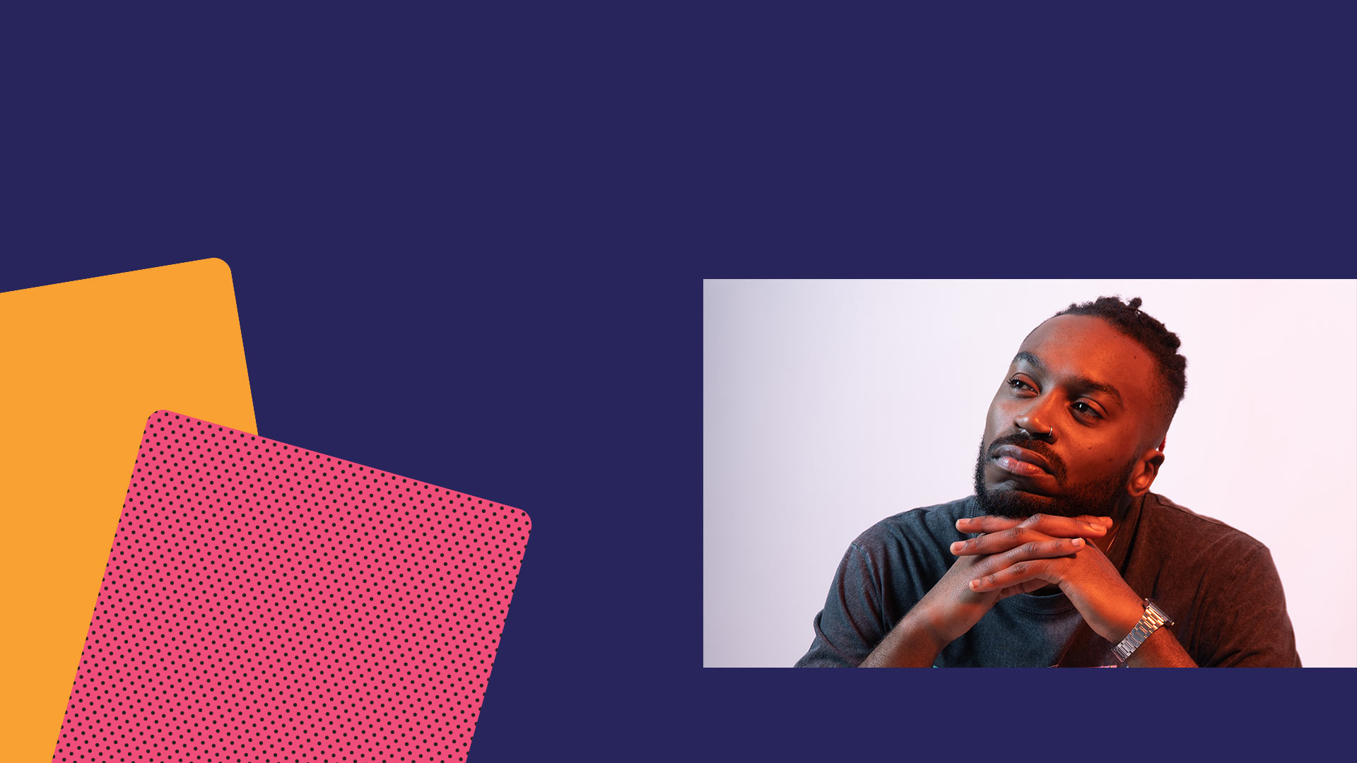 A webpage header with two colourful rectangle shapes on the left and a picture of Jonathan Djamba on the right-hand side.