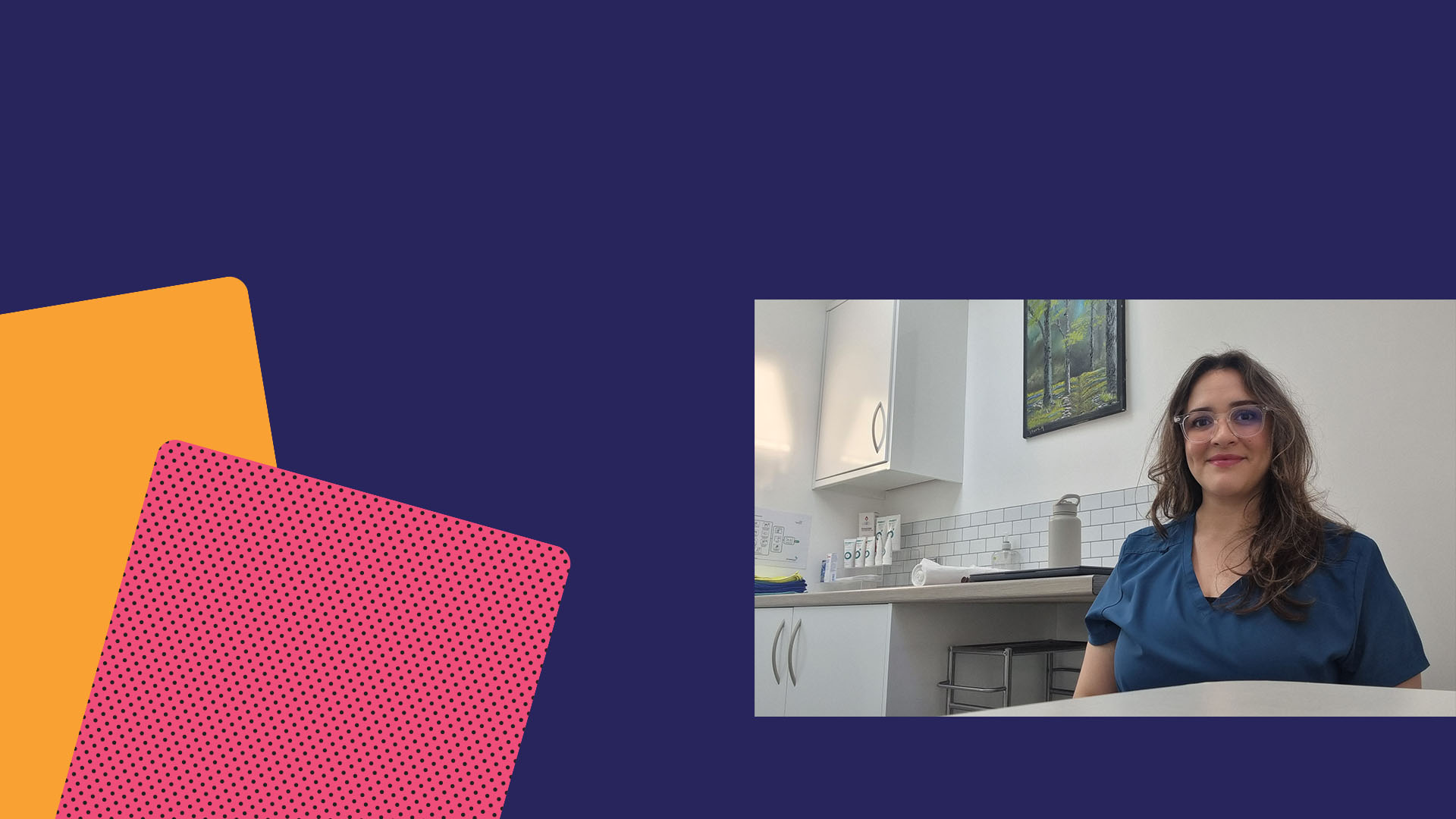 Syori Oates sitting at a table, smiling, in a Podiatry uniform.