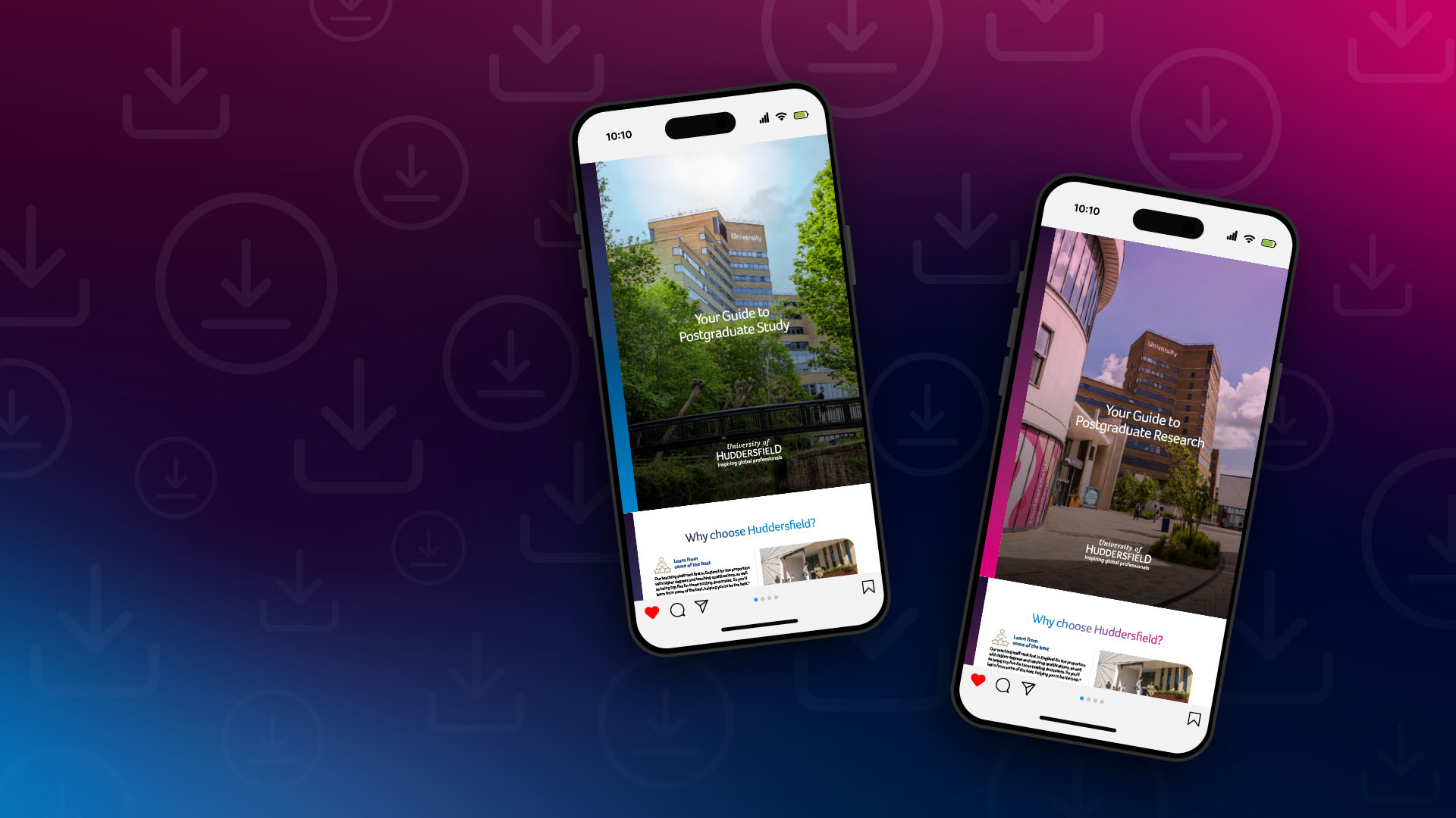 Graphic with phones and digital images of pages from the University of Huddersfield digital guide