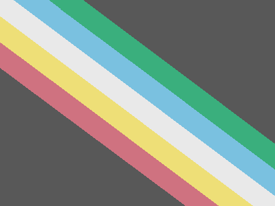 Charcoal flag with muted red, yellow, cream, blue and green colours striped across the middle