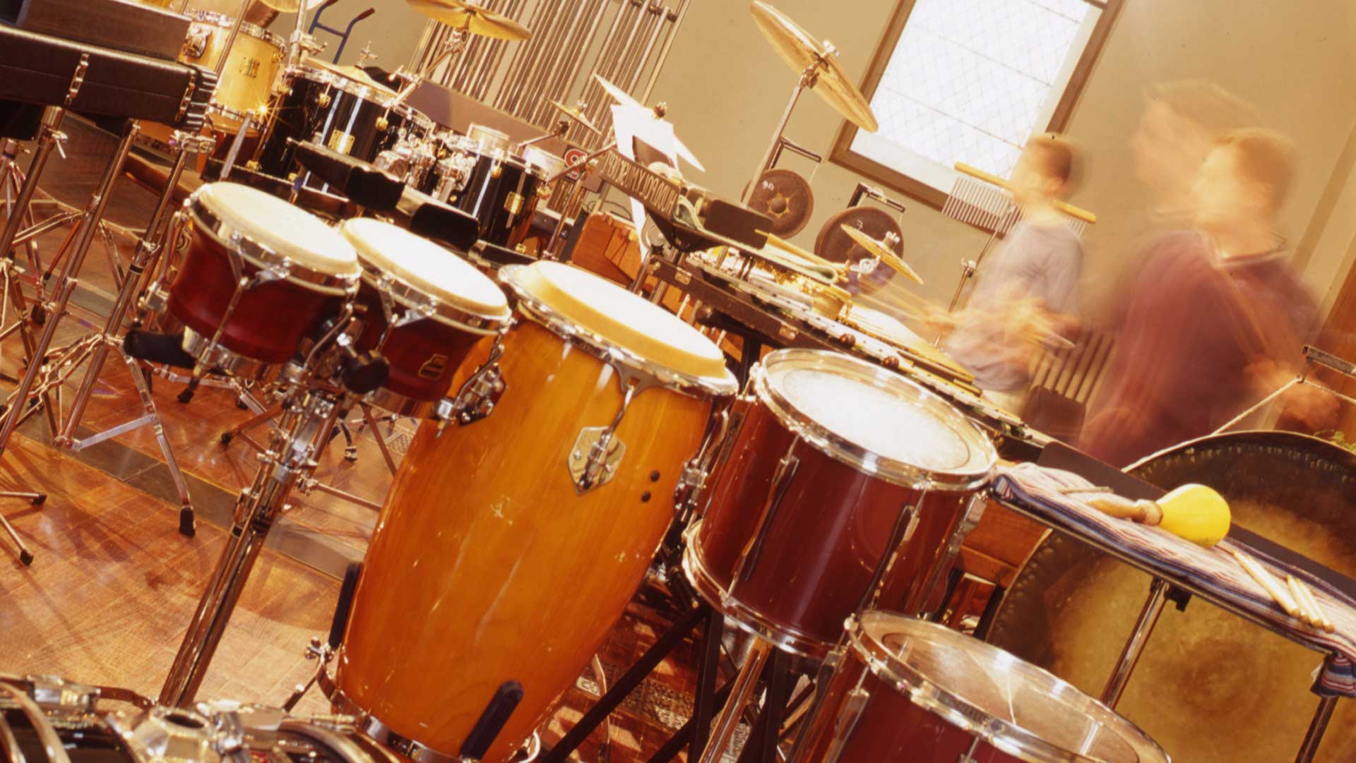 Image of a hall full of different kinds of percussion instruments